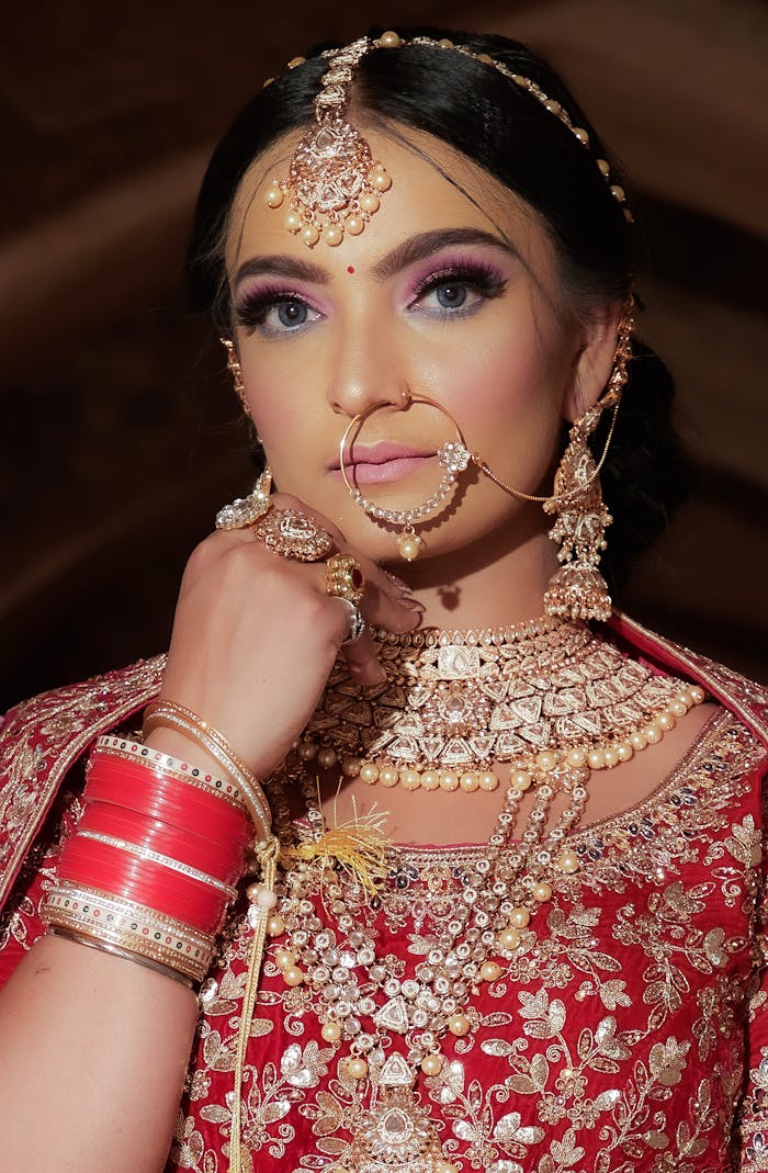 Beautiful Indian bride adorned with traditional jewelry and attire, showcasing elegance.